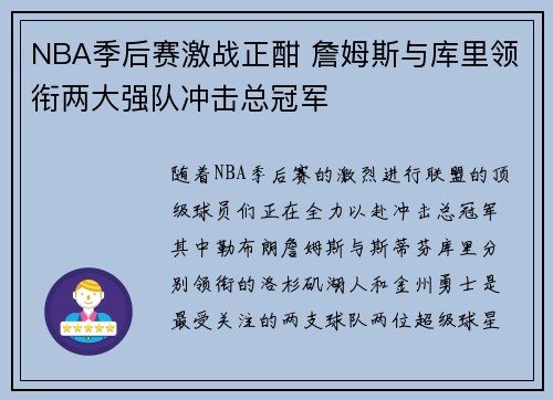 NBA季后赛激战正酣 詹姆斯与库里领衔两大强队冲击总冠军 NBA季后赛激战正酣 詹姆斯与库里领衔两大强队冲击总冠军